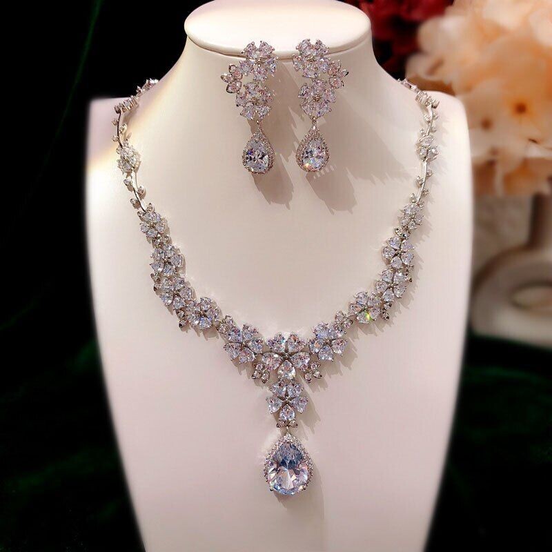 Ginevra - Stunning CZ floral bridal necklace set