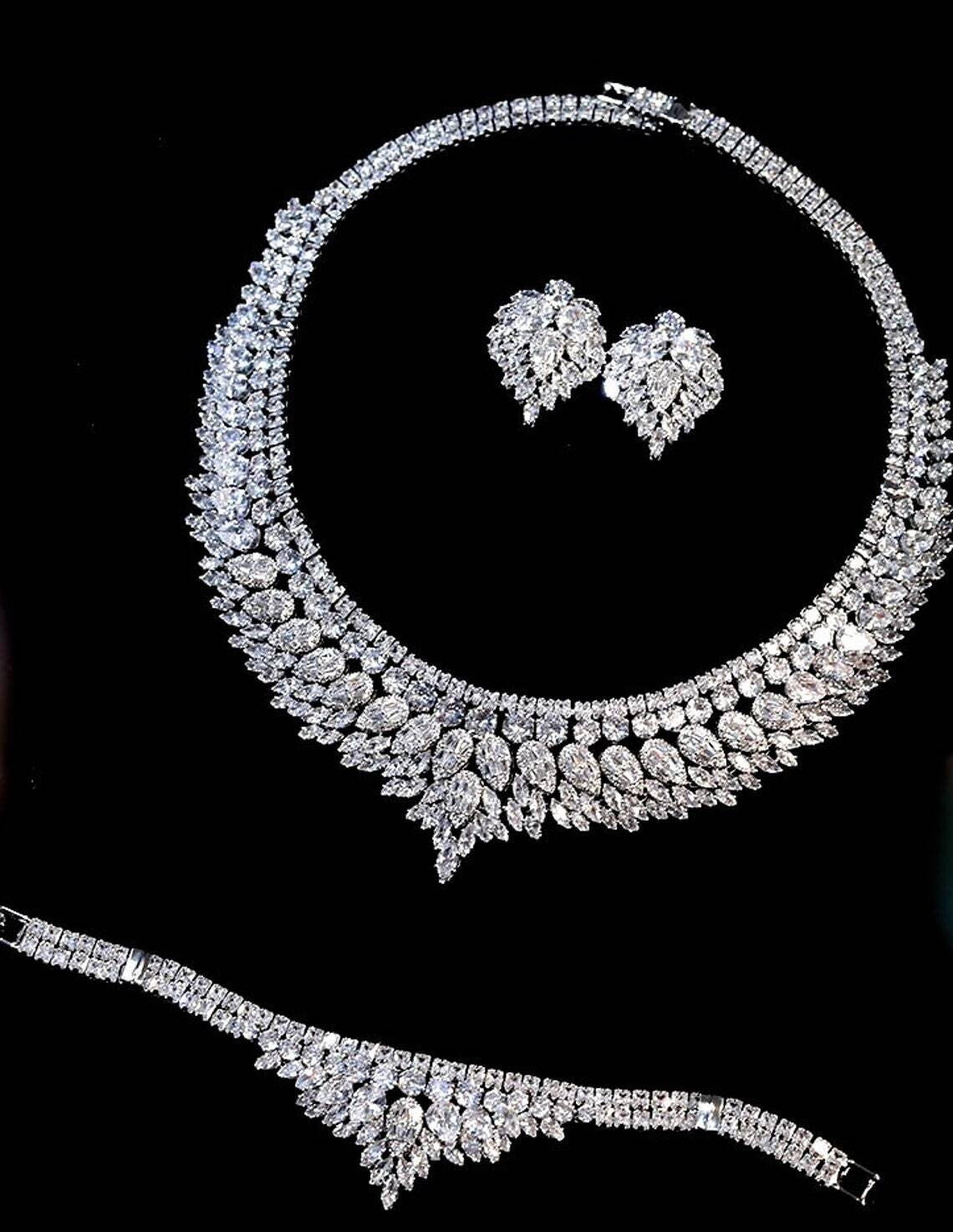 Emiliana - Glamorous 3 piece cz simulated diamond wedding necklace set