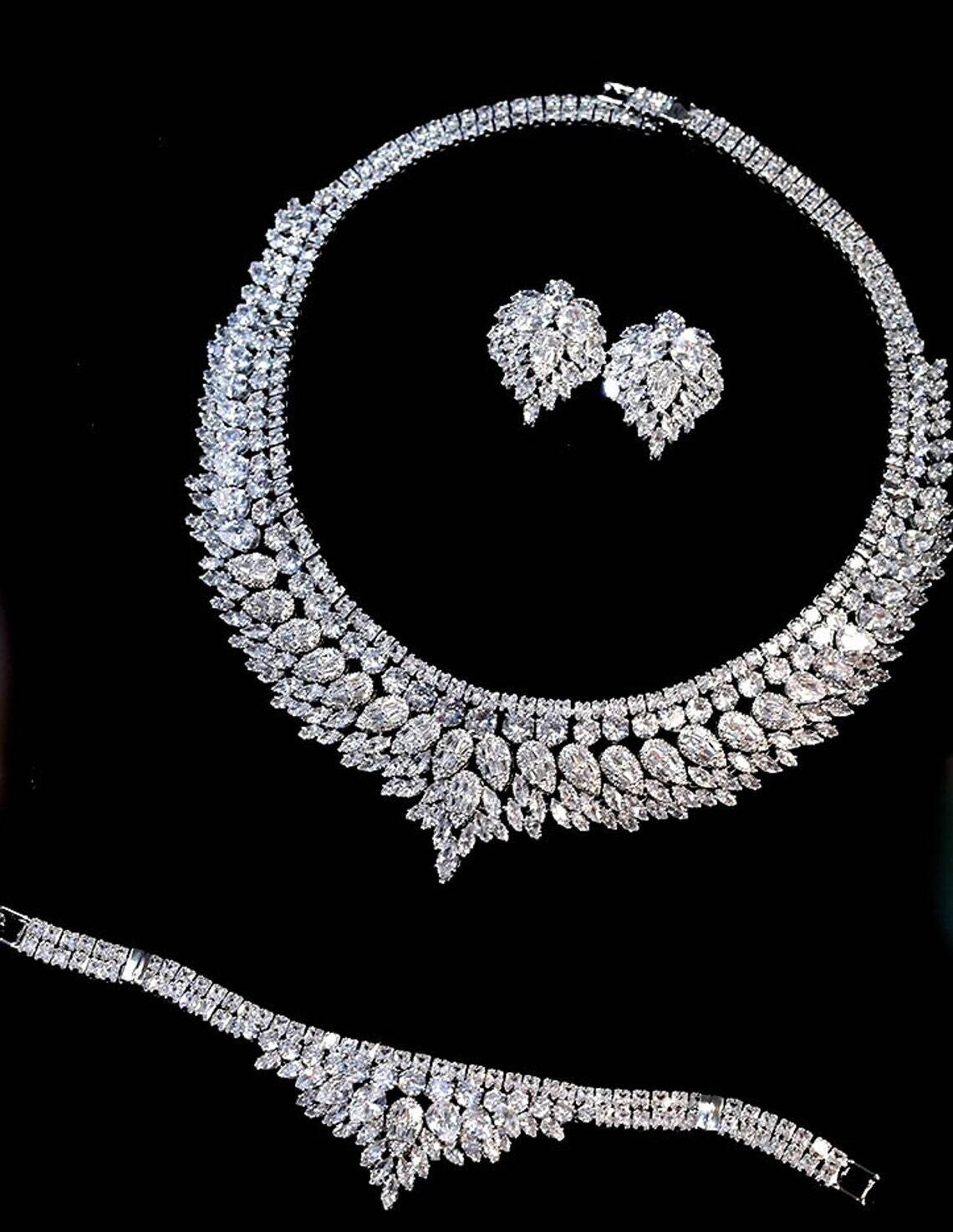 Emiliana-  Glamorous CZ bridal wedding necklace set (free bracelet)