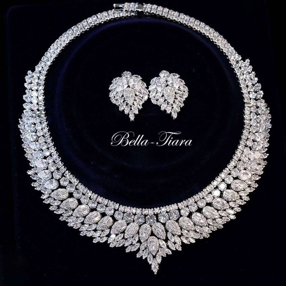 Emiliana - Glamorous 3 piece cz simulated diamond wedding necklace set