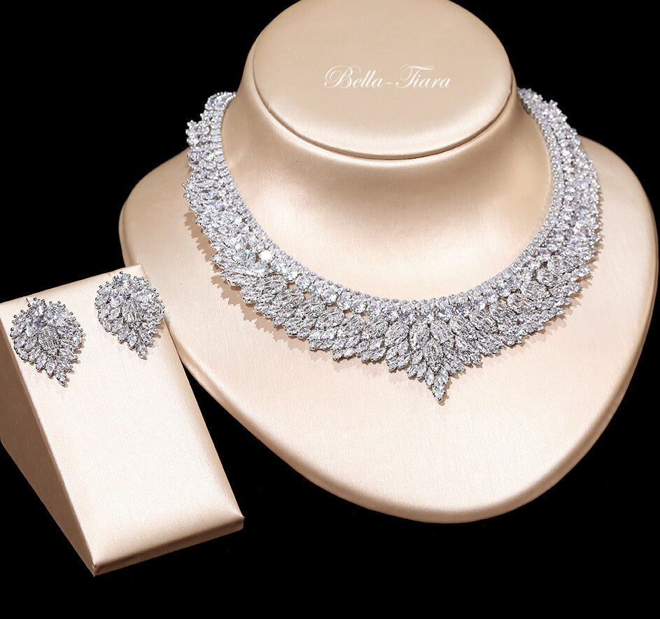 Emiliana - Glamorous 3 piece cz simulated diamond wedding necklace set