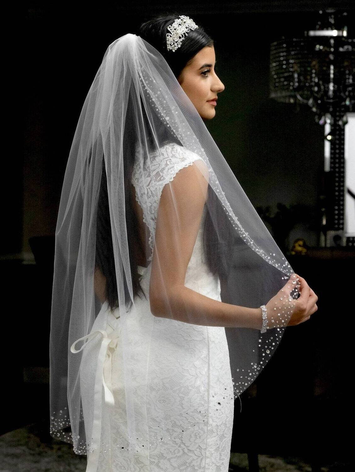 Alia – Bedazzle crystal trim cathedral wedding veil