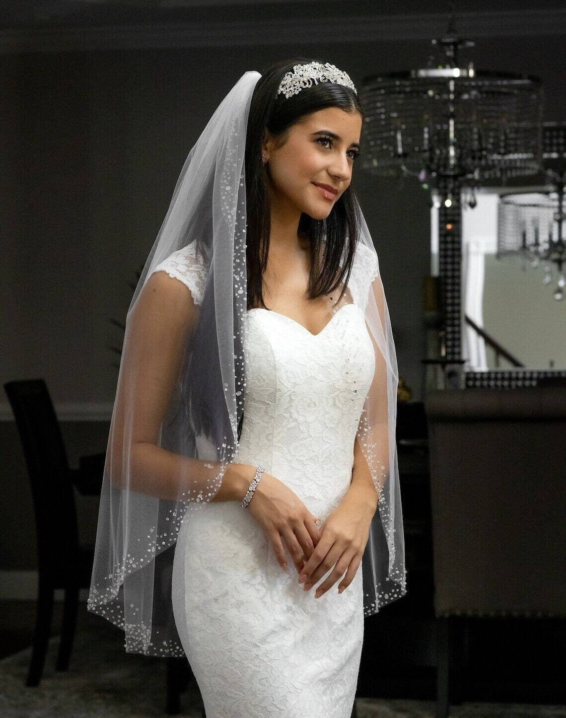 Alia – Stunning Beaded Crystal trim edge veil