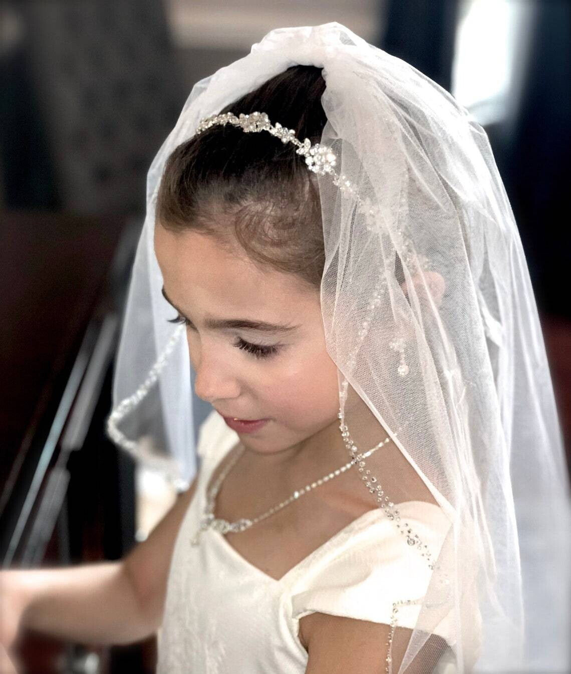 Vittoria - Beaded crystal pearl trim first communion veil