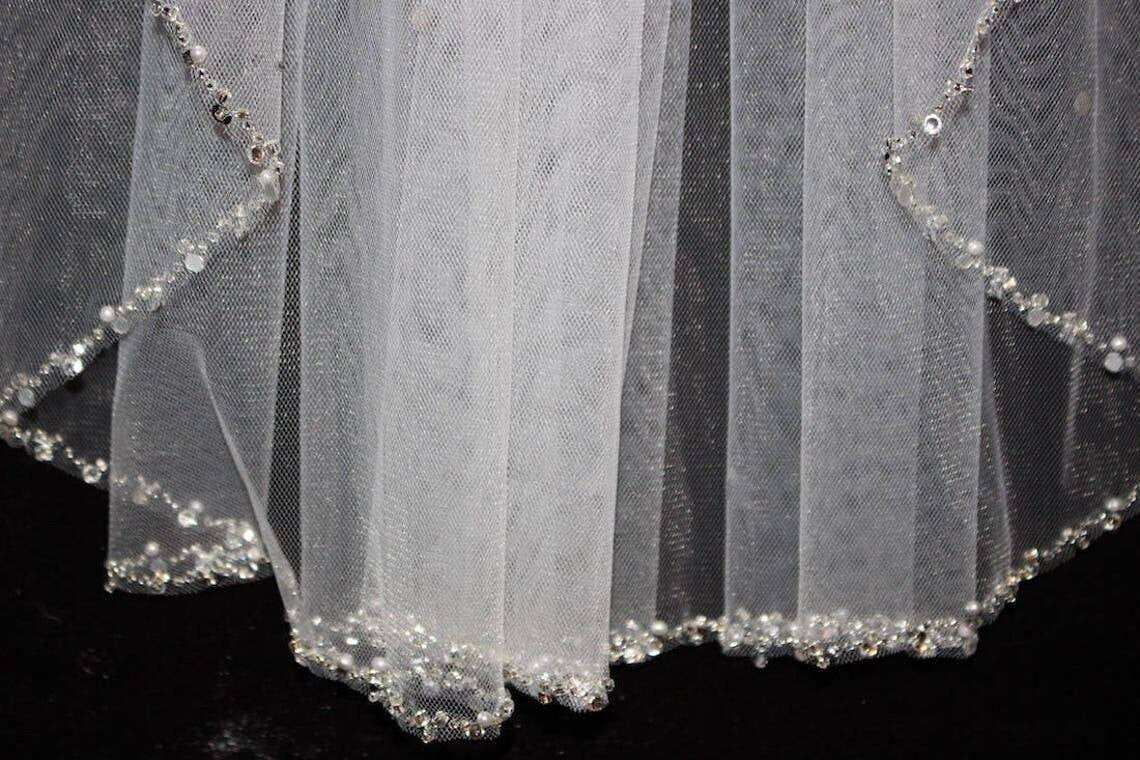 Brooklyn - Rhinestone, crystal and pearl beaded edge bridal veil - FREE BLUSHER