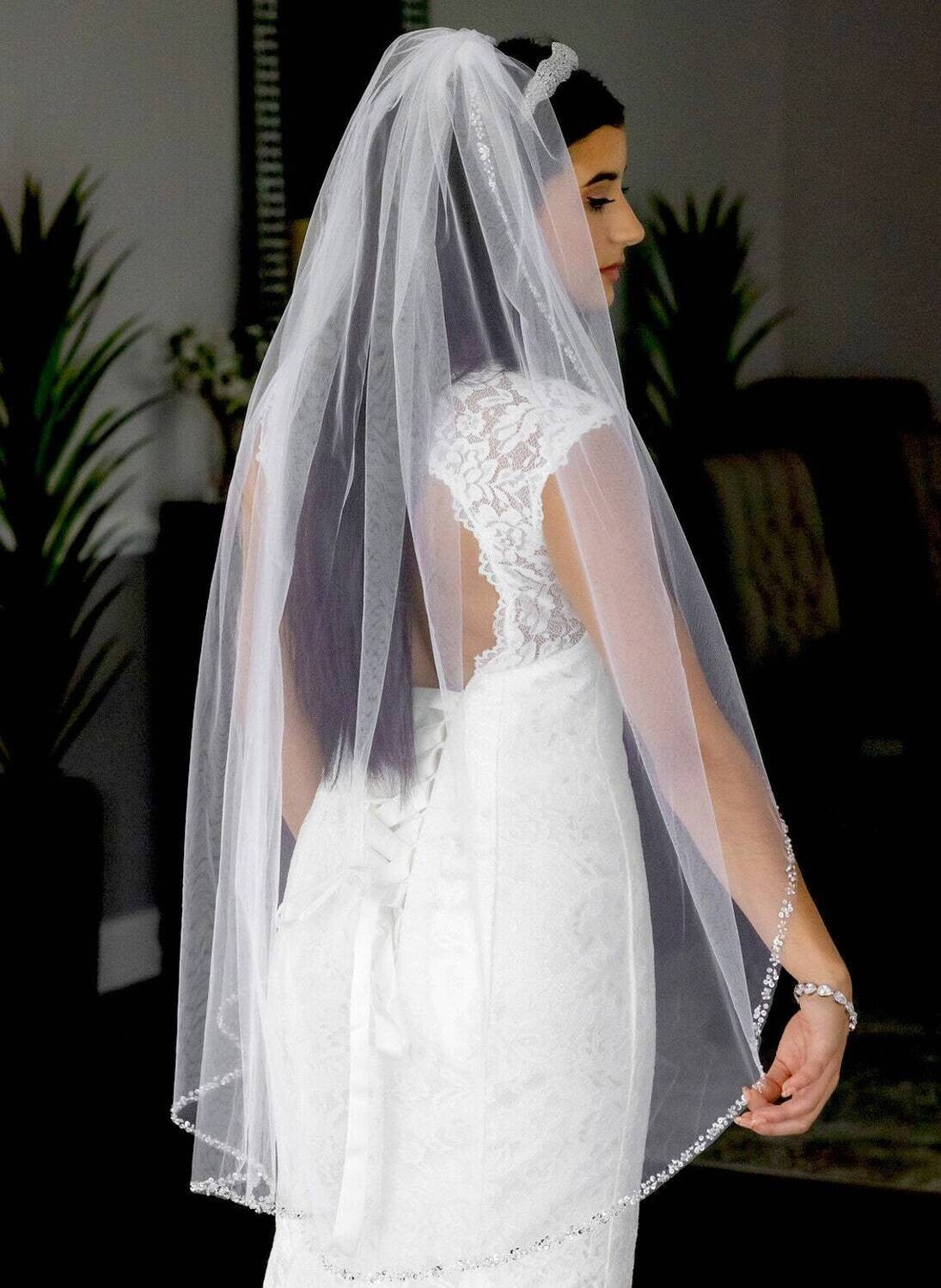 Rosalinda – Rhinestone, crystal pearl beaded edge bridal veil