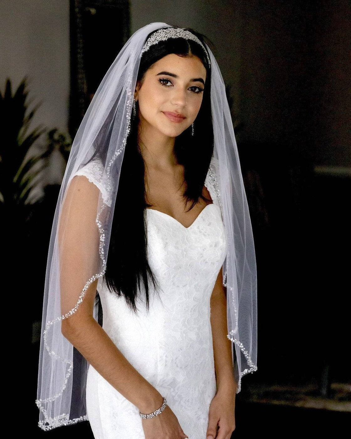 Norina - Scalloped Beaded crystal and pearl trim fingertip wedding veil, White / 36" fingertip Norina - Scalloped Beaded crystal and pearl trim fingertip wedding veil, White / 36" fingertip