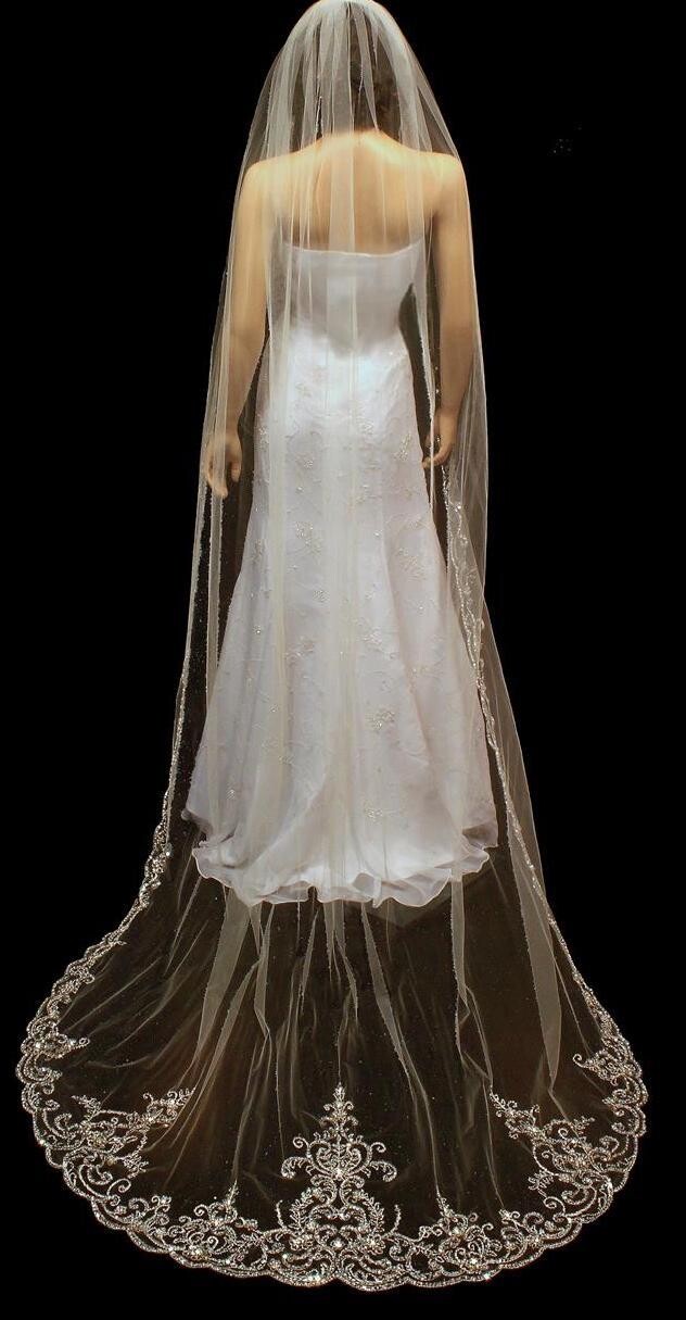 Princess Maria – Crystal beaded cathedral wedding veil - Free Blusher