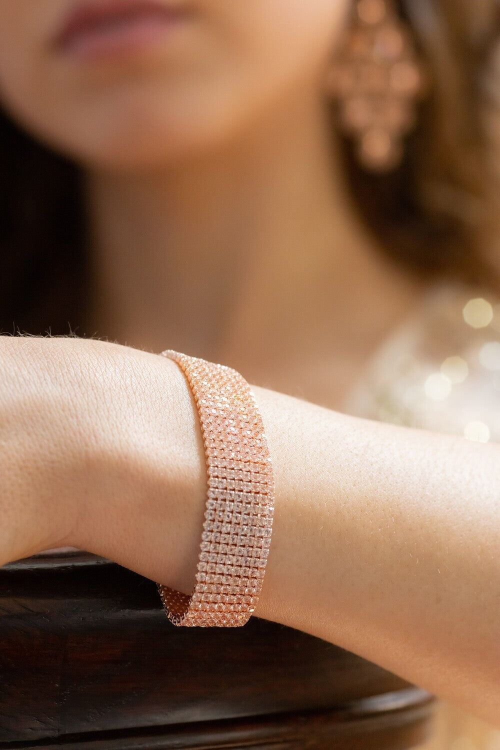 Janna, Rose gold crystal chandelier long drop earrings