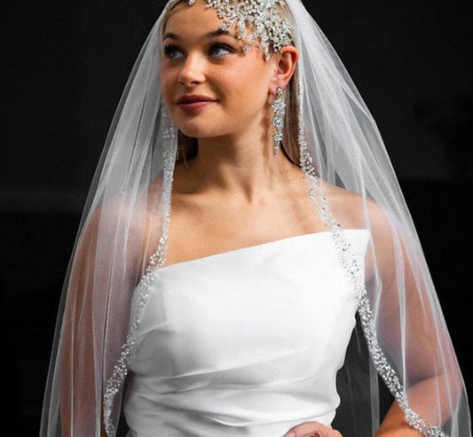 LUNA – Beaded royal cathedral crystal wedding veil - Free Blusher