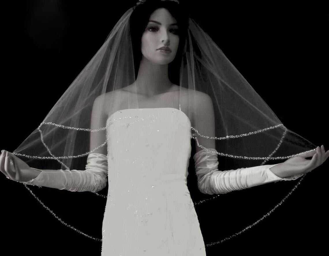 Brooklyn – Rhinestone, crystal and pearl two tier wedding veil with blusher