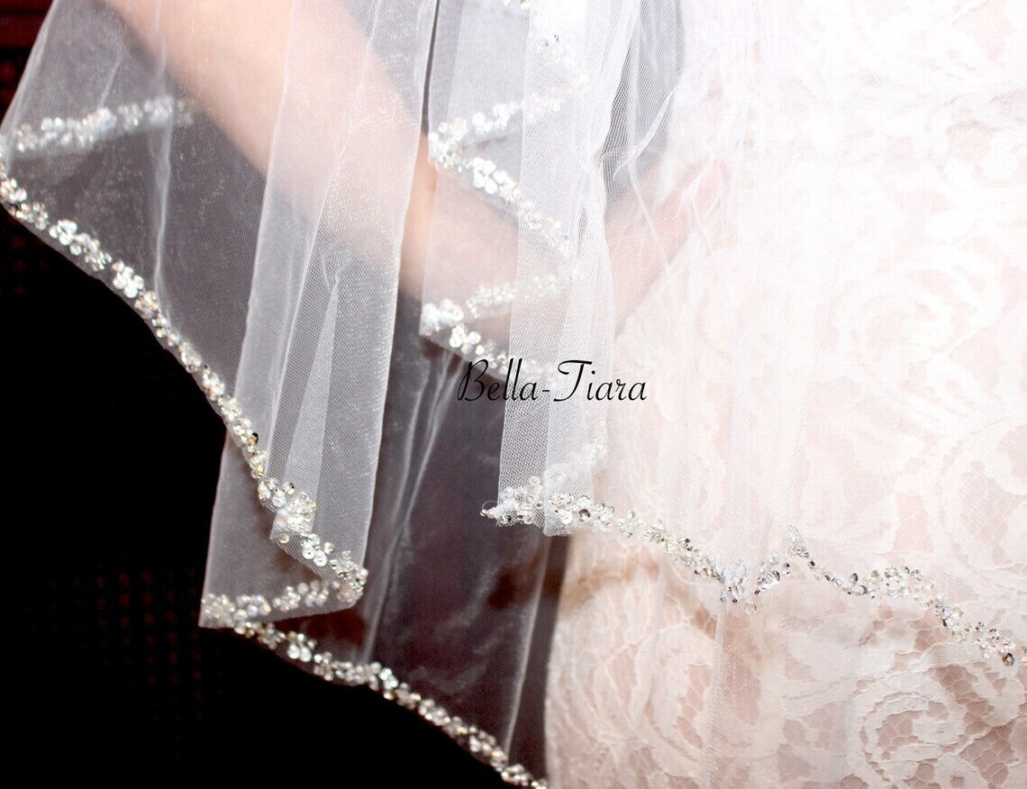 Brooklyn – 2 tier Crystal pearl beaded edge wedding veil with blusher
