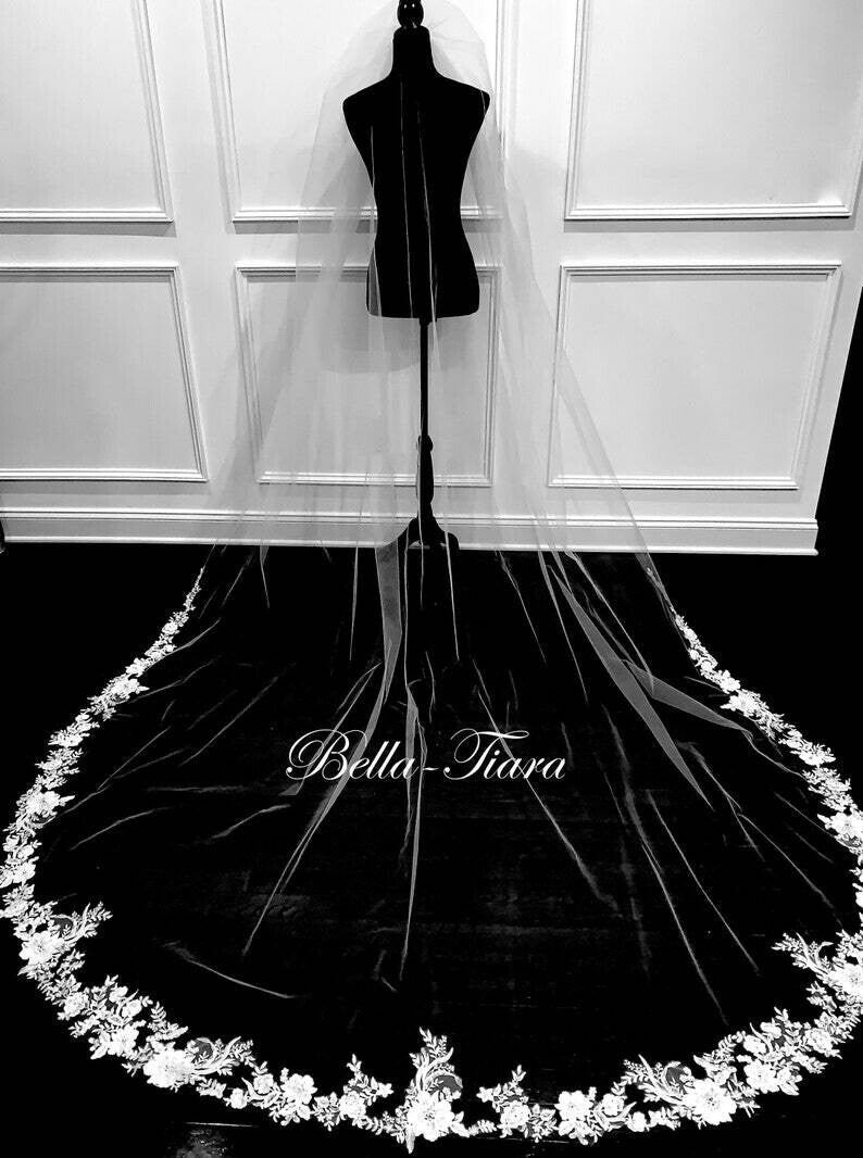 Fiorbello - Italian Floral lace cathedral veil with Free blusher