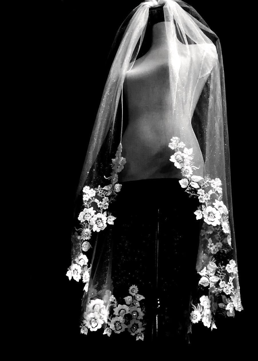 Blancaglitter – Stunning Flower glitter tulle lace wedding veil