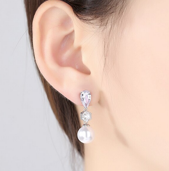 Sina - Elegant cubic zirconia pearl bridal earrings