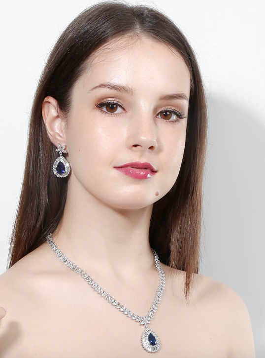 Mareblue- Elegant CZ sapphire blue necklace set (Free bracelet)