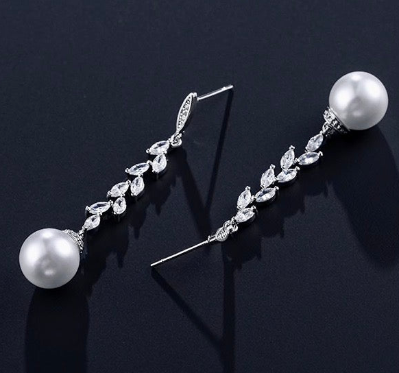 Beth - Elegant cubic zirconia pearl bridal earrings