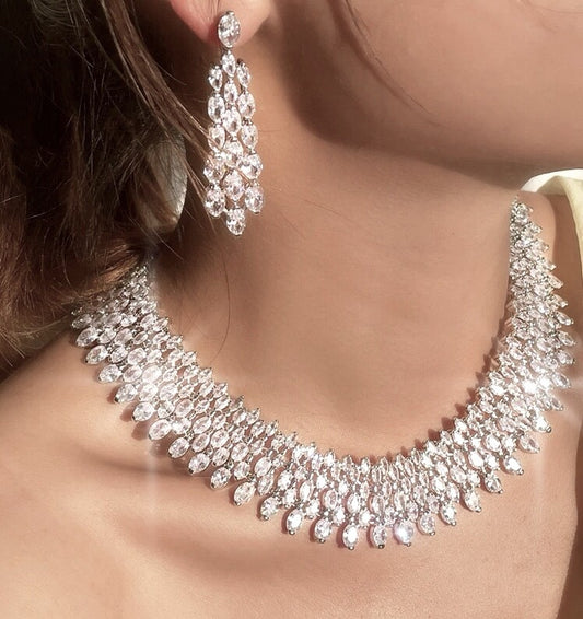 Cora -  Elegant simulated diamond statement bridal necklace set