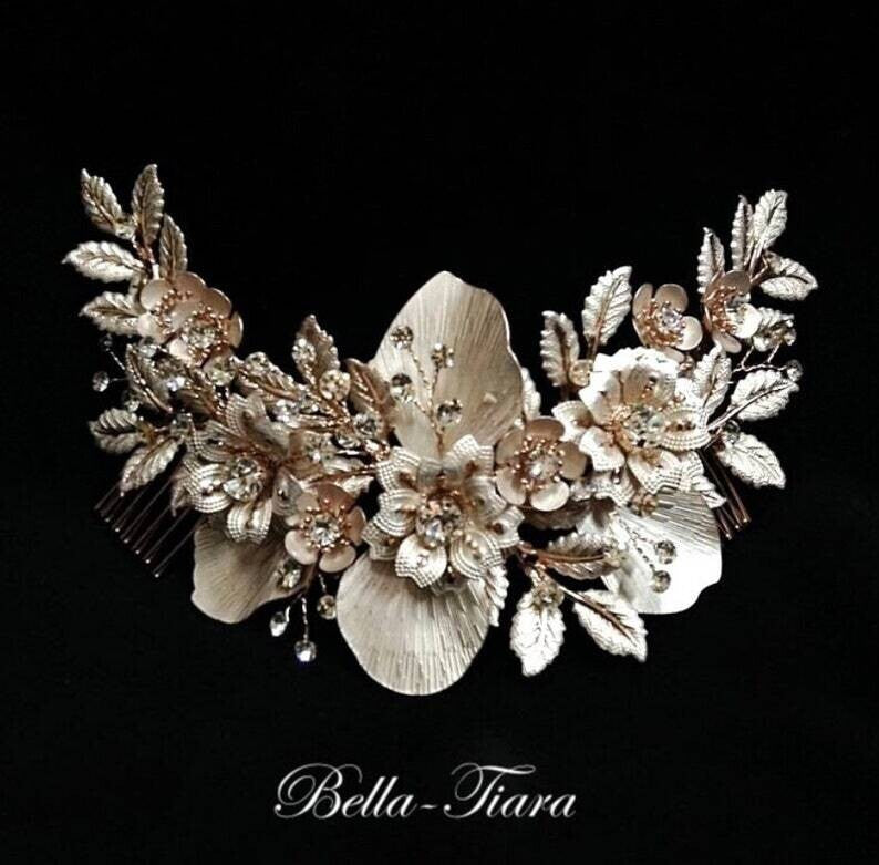 Nadia-  light champagne rose gold crystal Pearl wedding comb