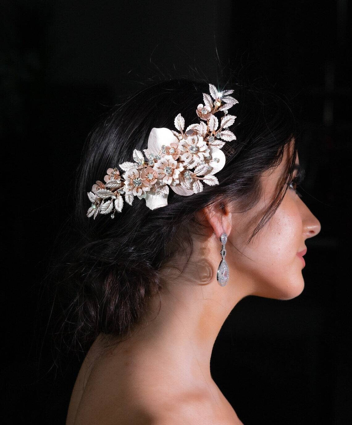 Nadia-  light champagne rose gold crystal Pearl wedding comb