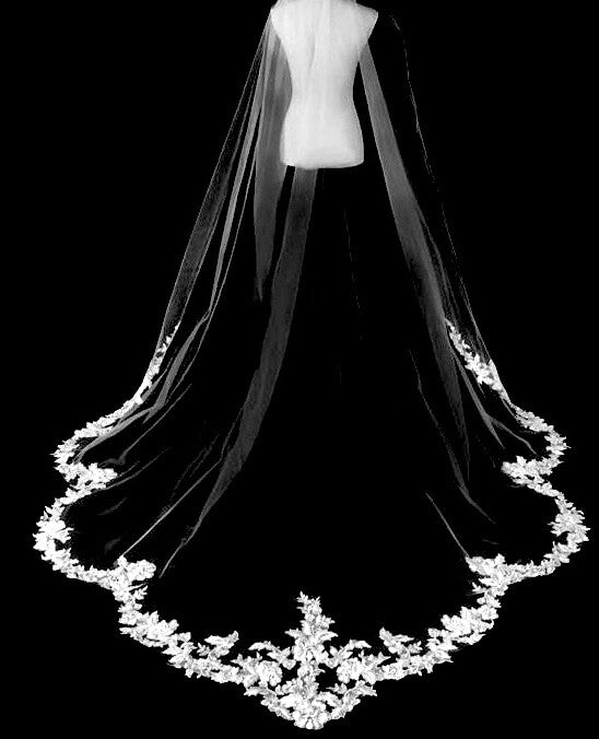 Floral beaded lace cathedral wedding veil with Free Blusher