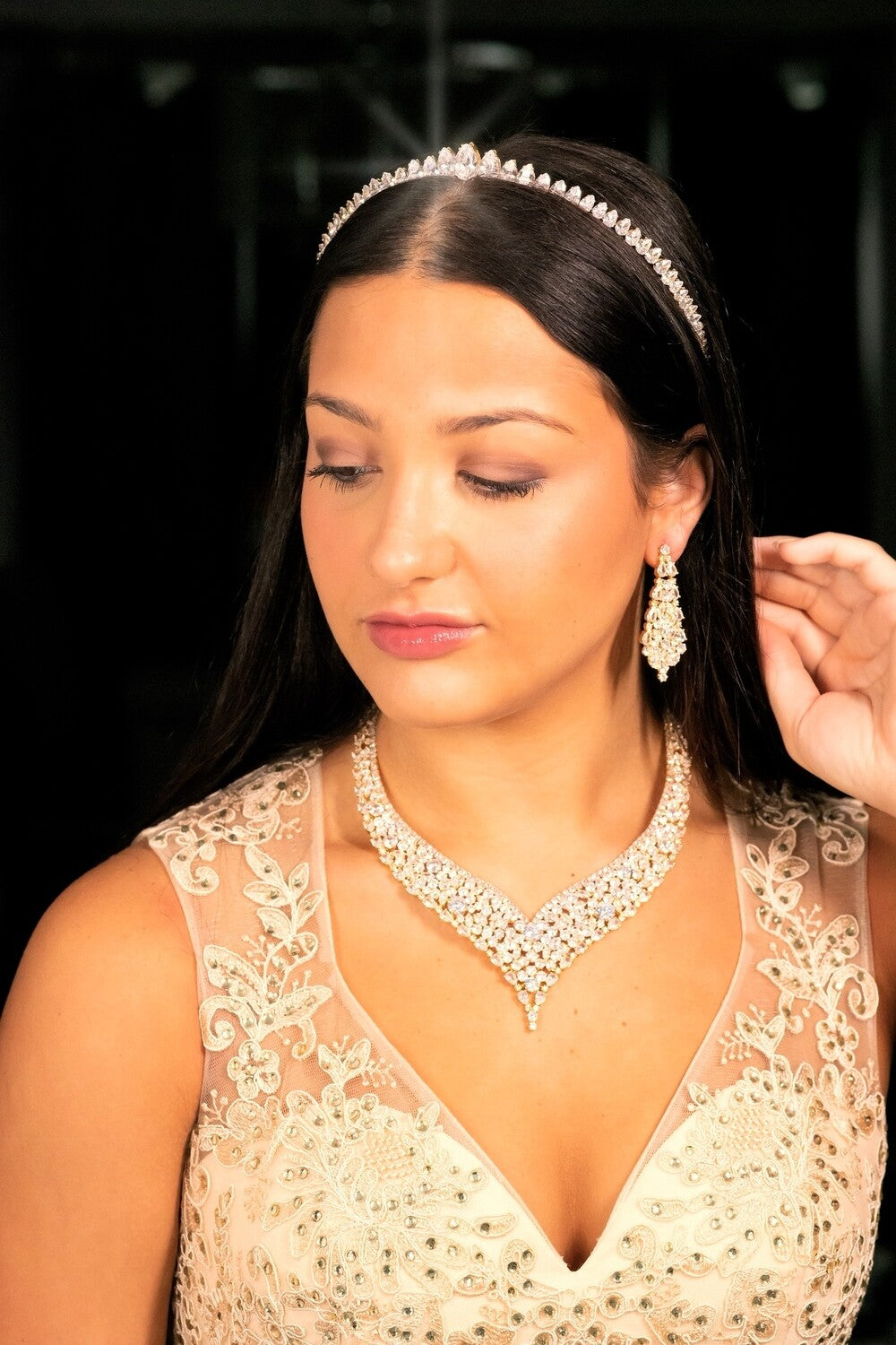 OLIVIA  Glamorous crystal evening Gold necklace set