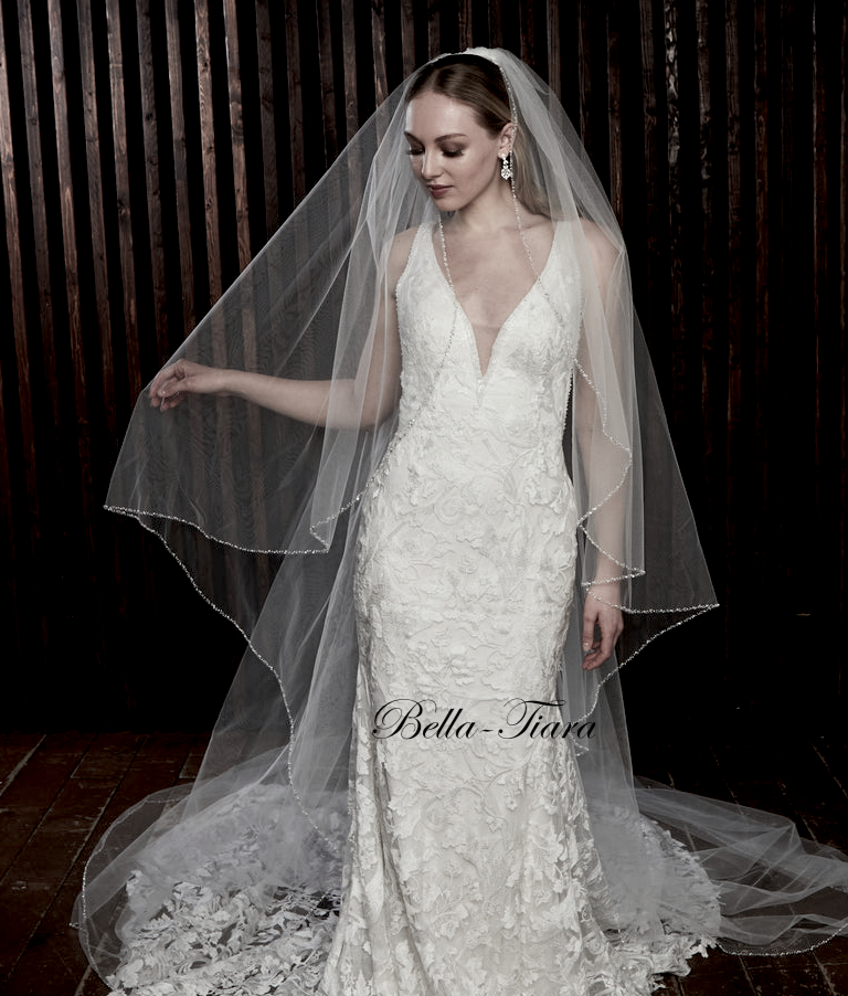 Parigi – Beaded pearl crystal waterfall angel cut cathedral veil