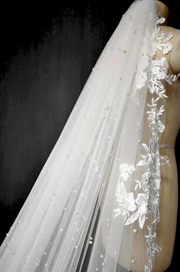 Ariel - Scattered pearl flower lace cathedral veil