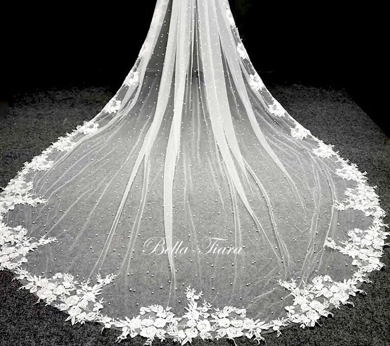 Ariel - Scattered pearl flower lace cathedral veil