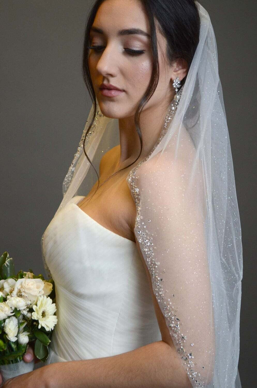 Raimona– Stunning pearl crystal beaded shimmer wedding veil