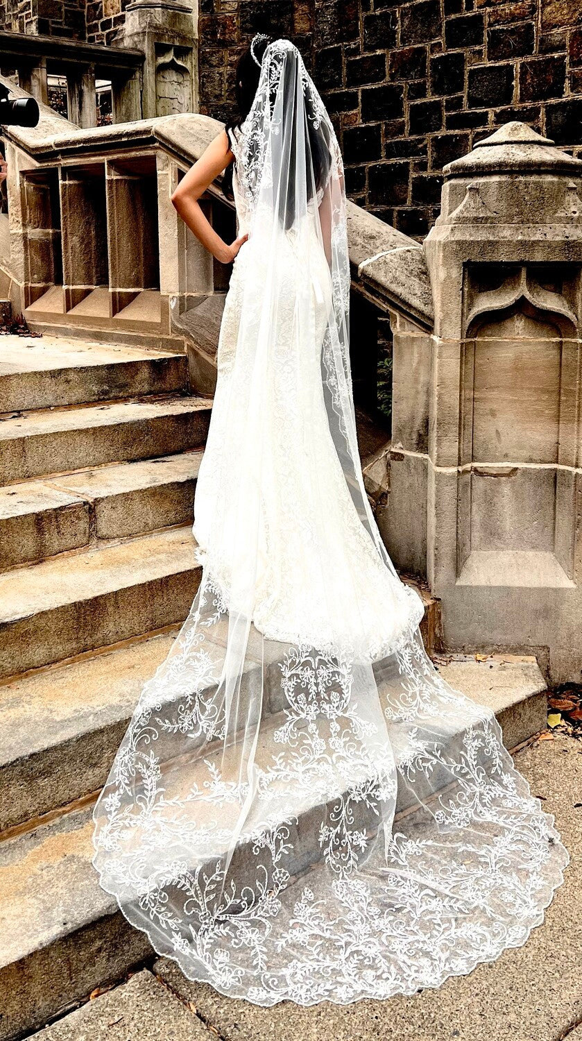 Vintage mantilla Crystal beaded royal cathedral wedding veil