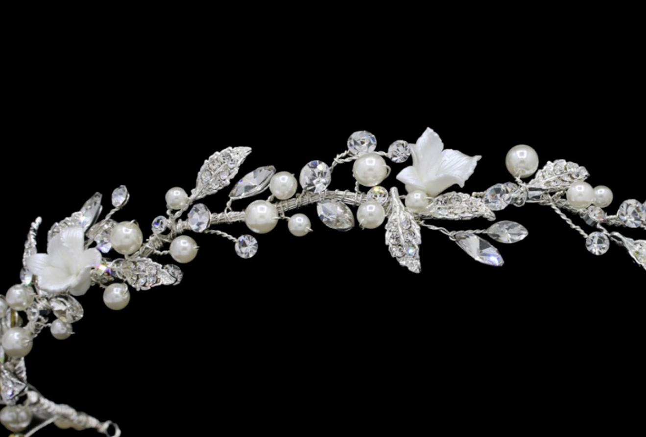 Milana - Floral roses crystal pearl wedding headband