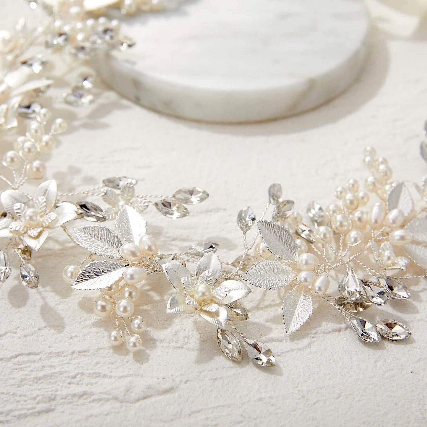 Oriana- Floral leaf ribbon crystal wedding headpiece