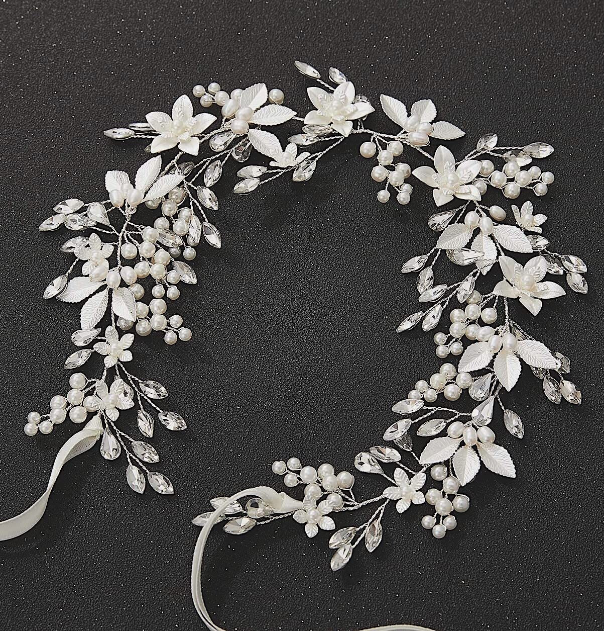 Oriana- Floral leaf ribbon crystal wedding headpiece