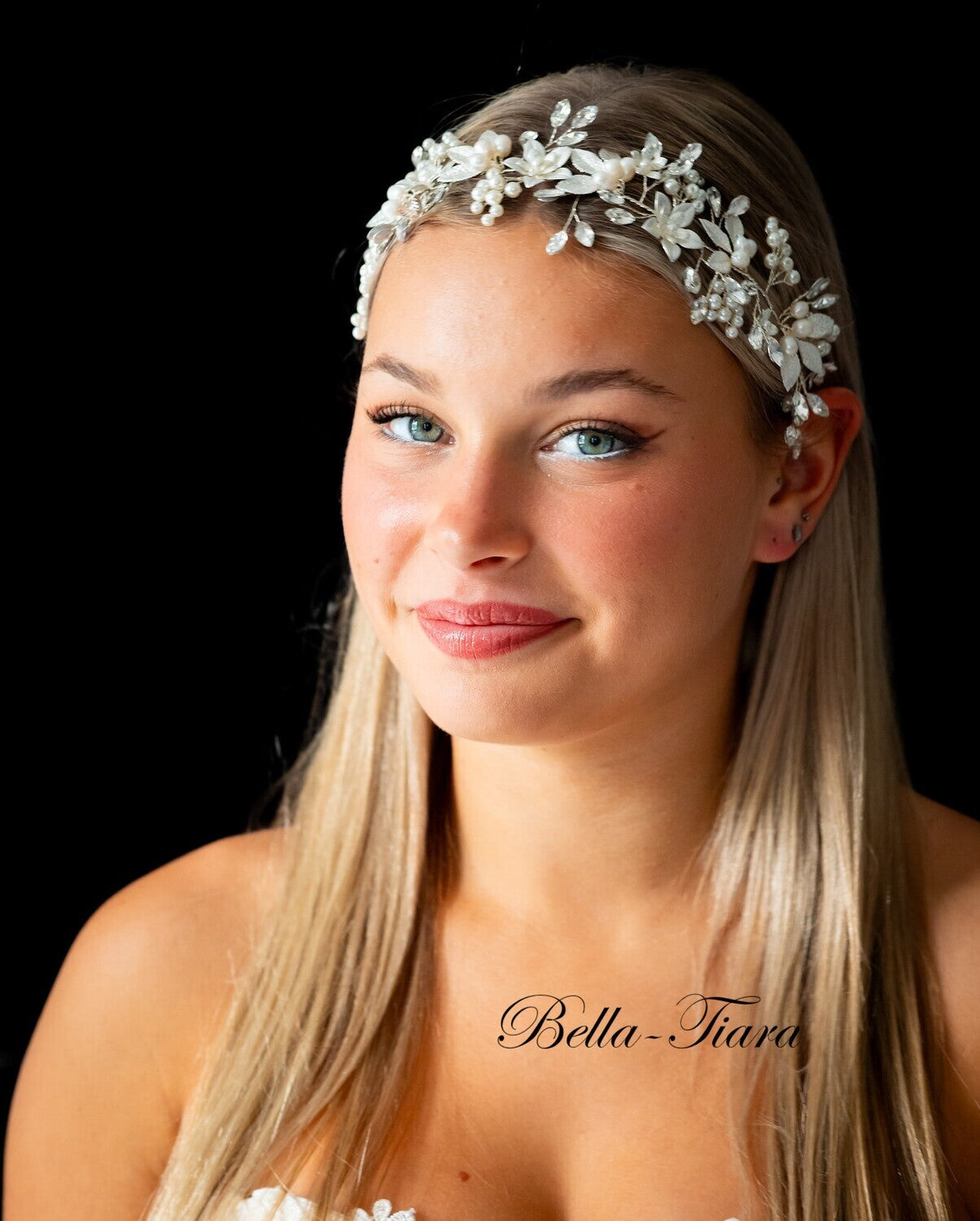 Oriana- Floral leaf ribbon crystal wedding headpiece