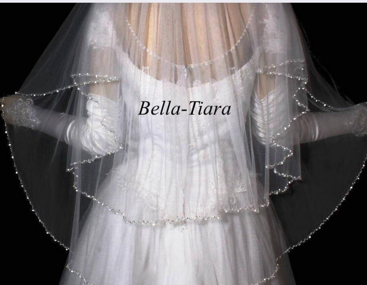 Katalina – Beaded pearl and crystal trim cathedral wedding veil with blusher