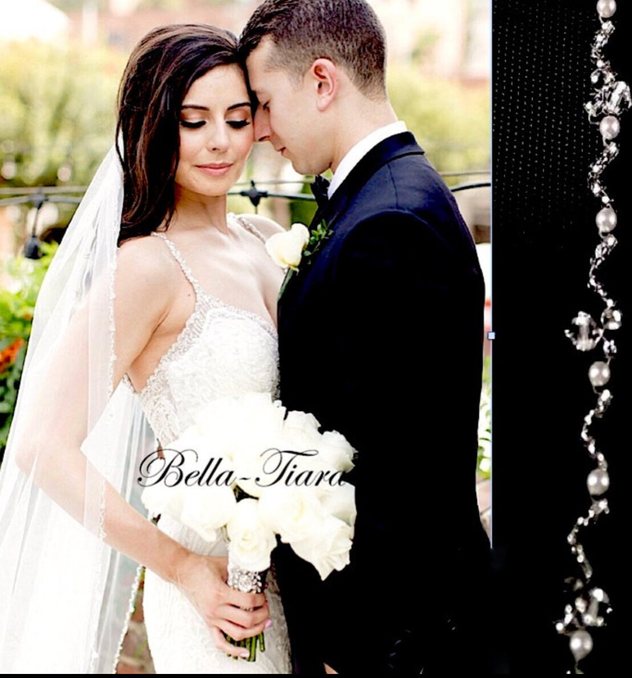 Katalina – Beaded pearl and crystal trim cathedral wedding veil with blusher