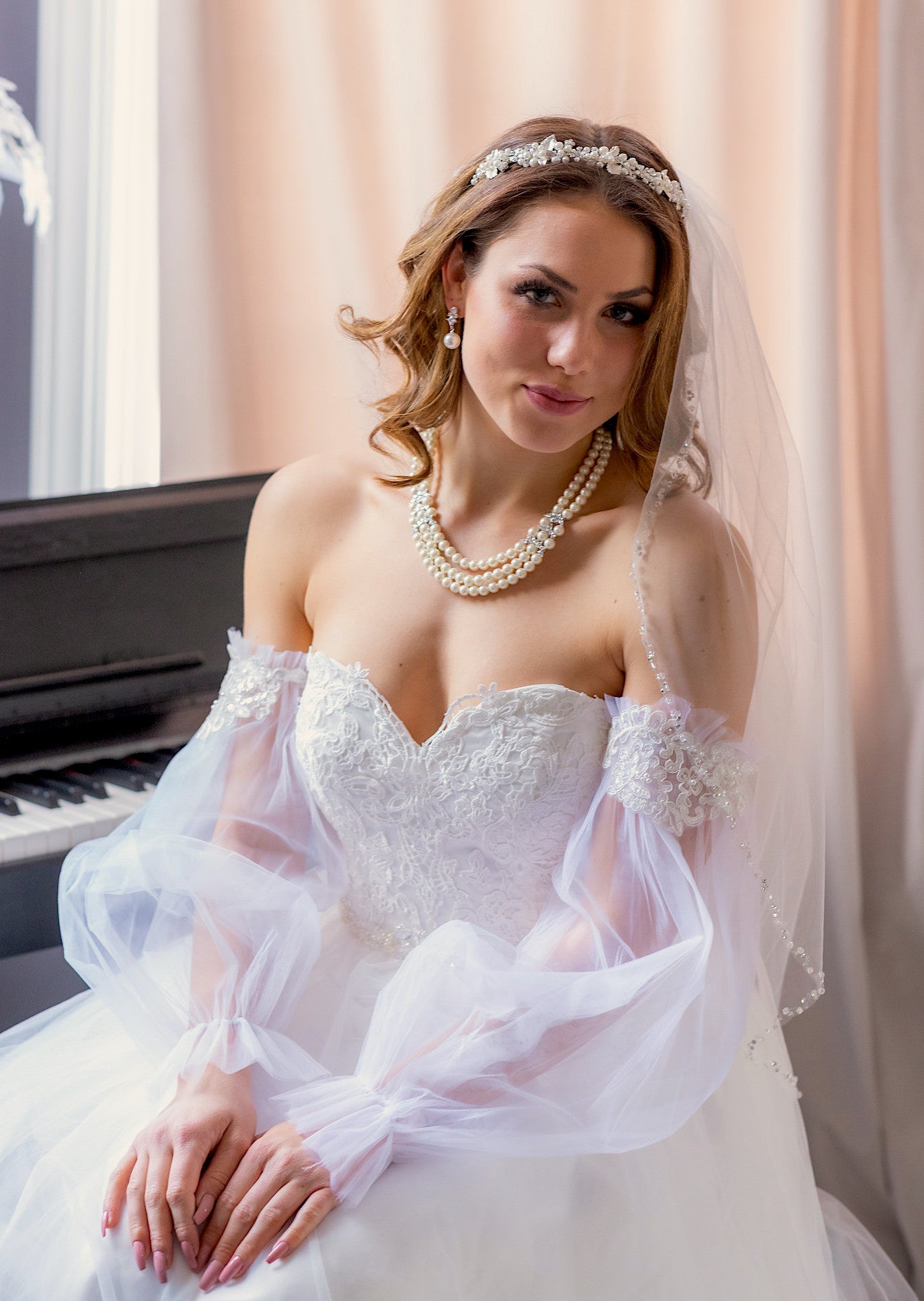 beaded trim pearl crystal wedding veil