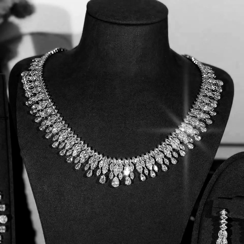 Alyssa - Elegant CZ diamond drop bridal collar necklace set