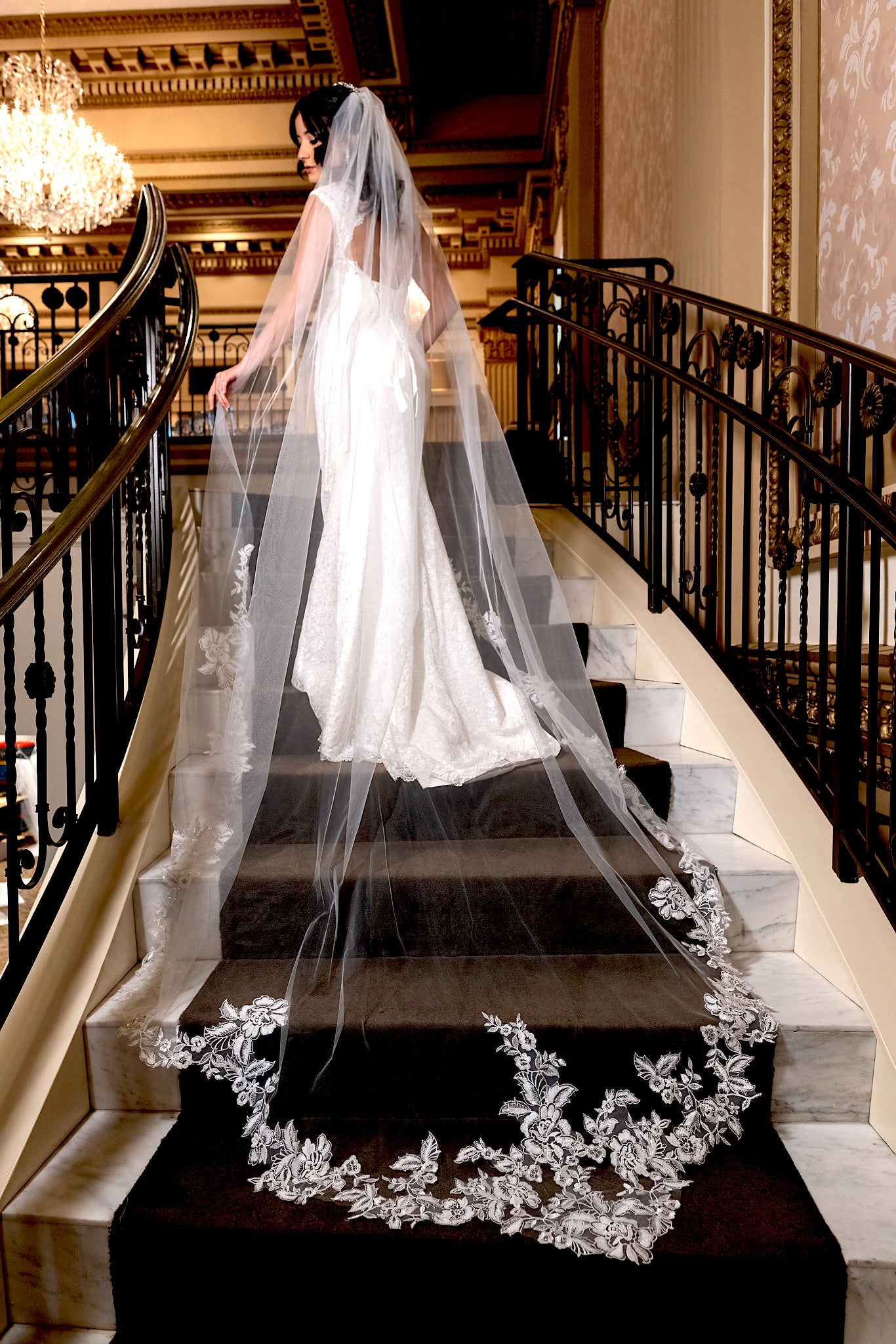 Floral beaded lace cathedral wedding veil with Free Blusher