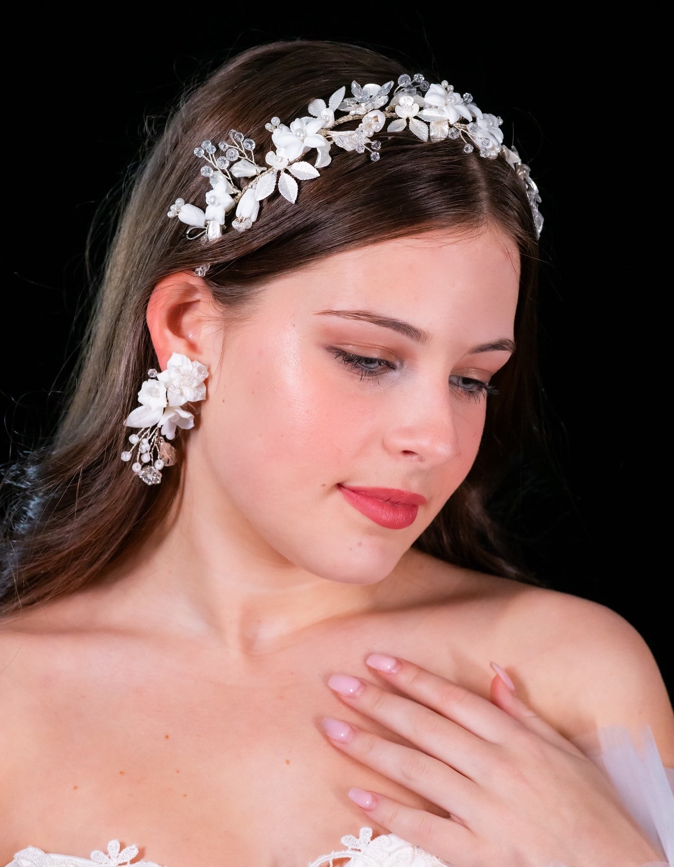 Tiadora, Romantic beaded floral bridal earrings