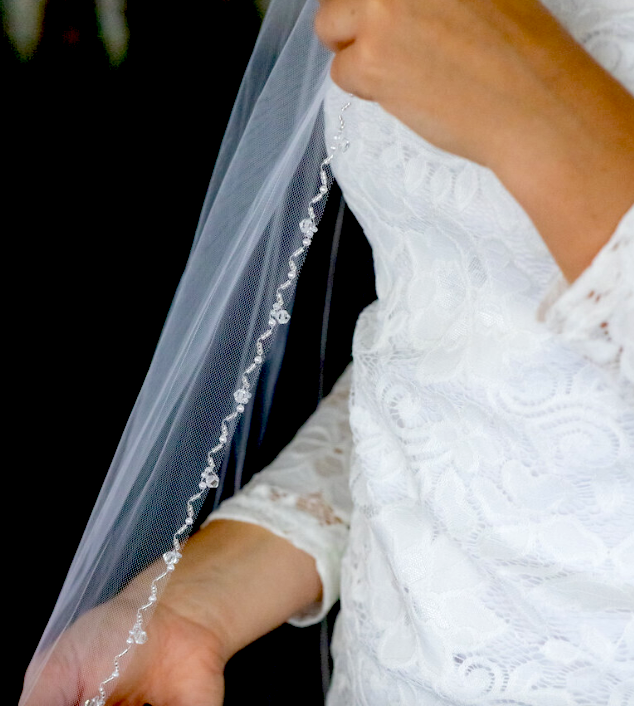Katalina – Beaded pearl and crystal trim cathedral wedding veil with blusher