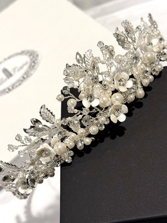 Delia - Floral Swarovski Crystal pearl communion tiara