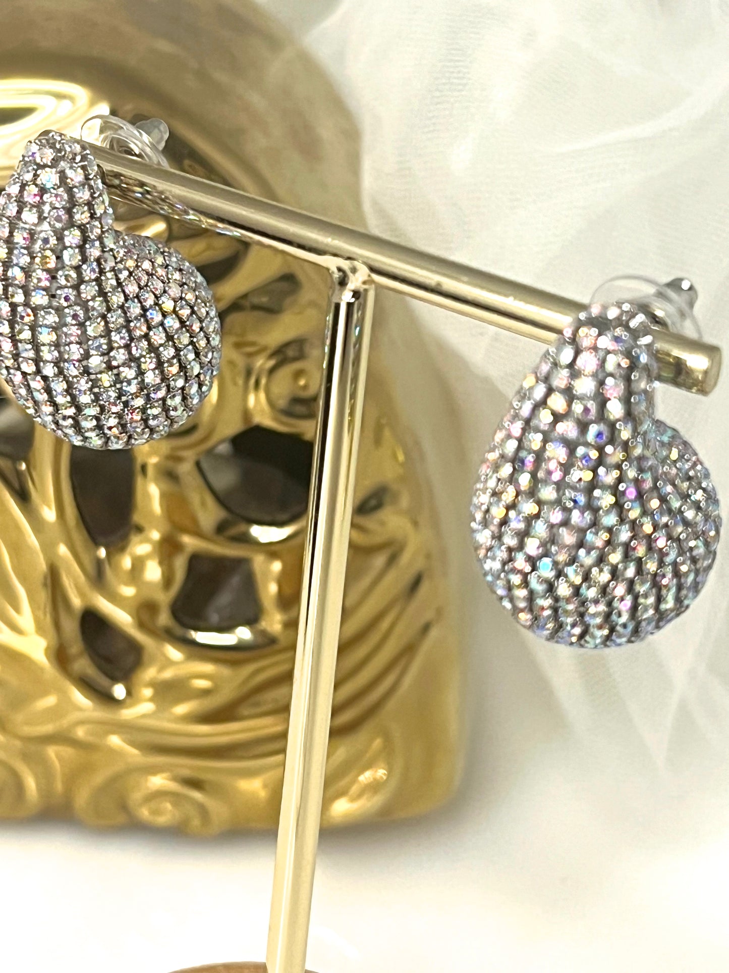 Skylar - Gold Crystal Paved Curved Teardrop Earrings