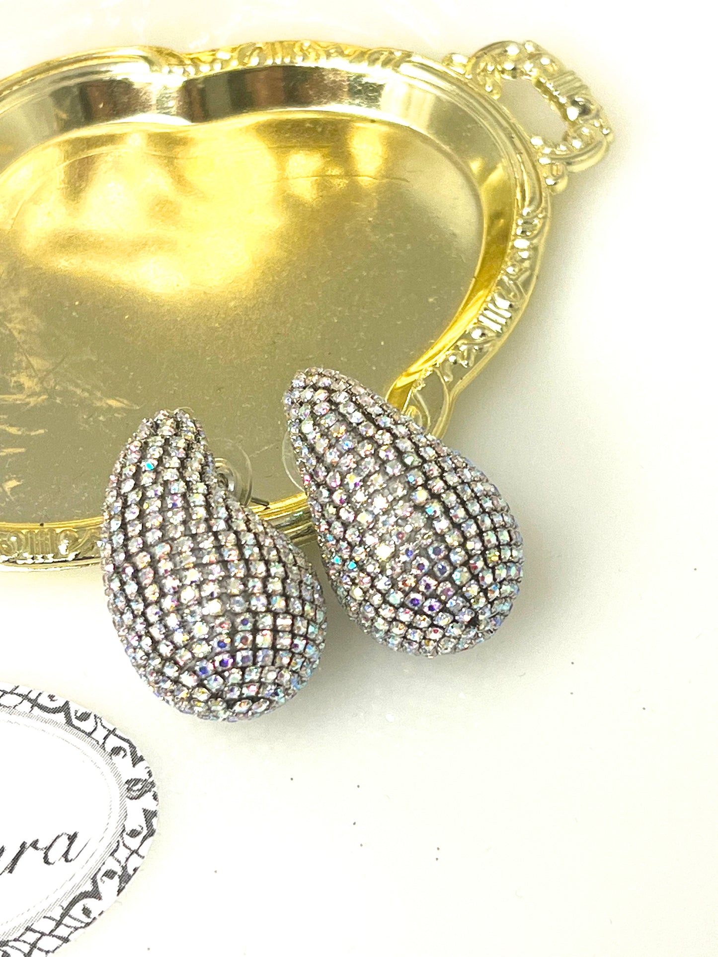 Skylar - Gold Crystal Paved Curved Teardrop Earrings