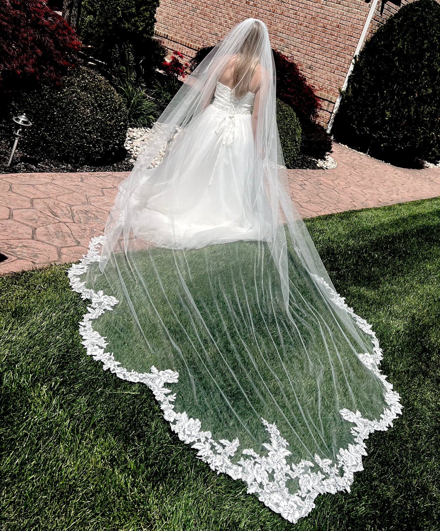 Floral beaded lace cathedral wedding veil with Free Blusher