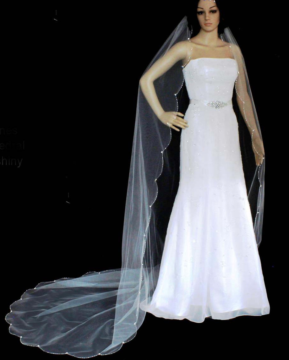 Leandra - Scalloped edge crystal cathedral wedding veil - free blusher