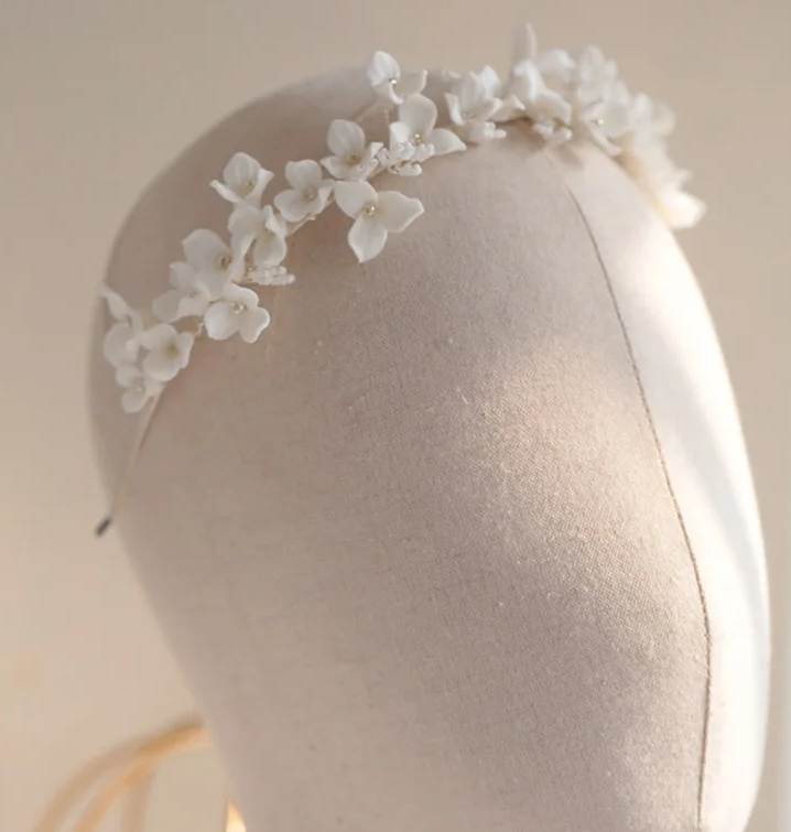Alda - Romantic white floral ceramic wedding headpiece