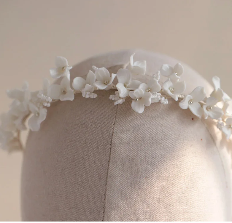 Alda - Romantic white floral ceramic wedding bridal headband