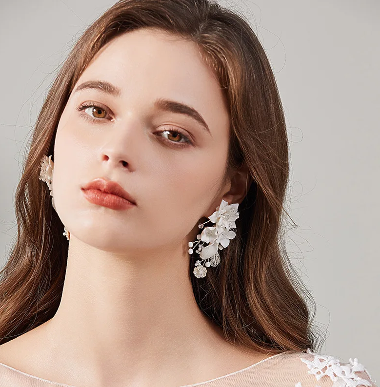 Tiadora, Romantic beaded floral bridal earrings